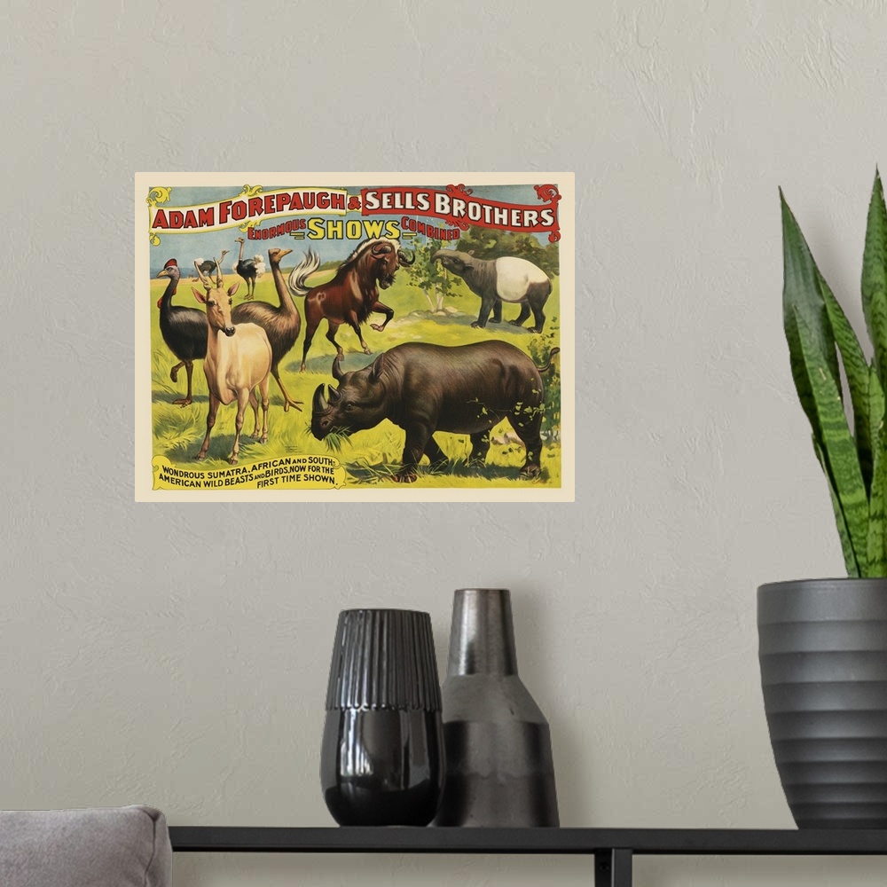 A modern room featuring Vintage Circus Poster For Adam Forepaugh & Sells Brothers Enormous Shows Combined