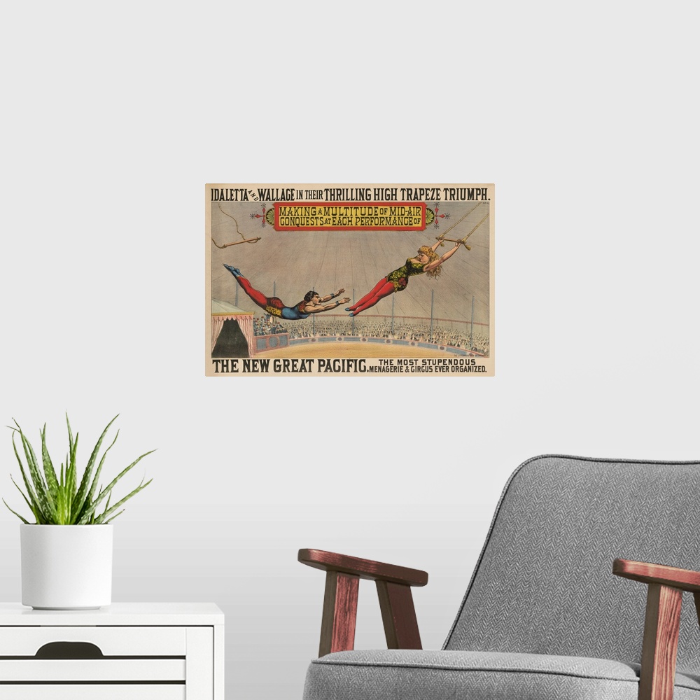 A modern room featuring Vintage Circus Poster Of Trapeze Performers Idaletta & Wallace On The High Trapeze