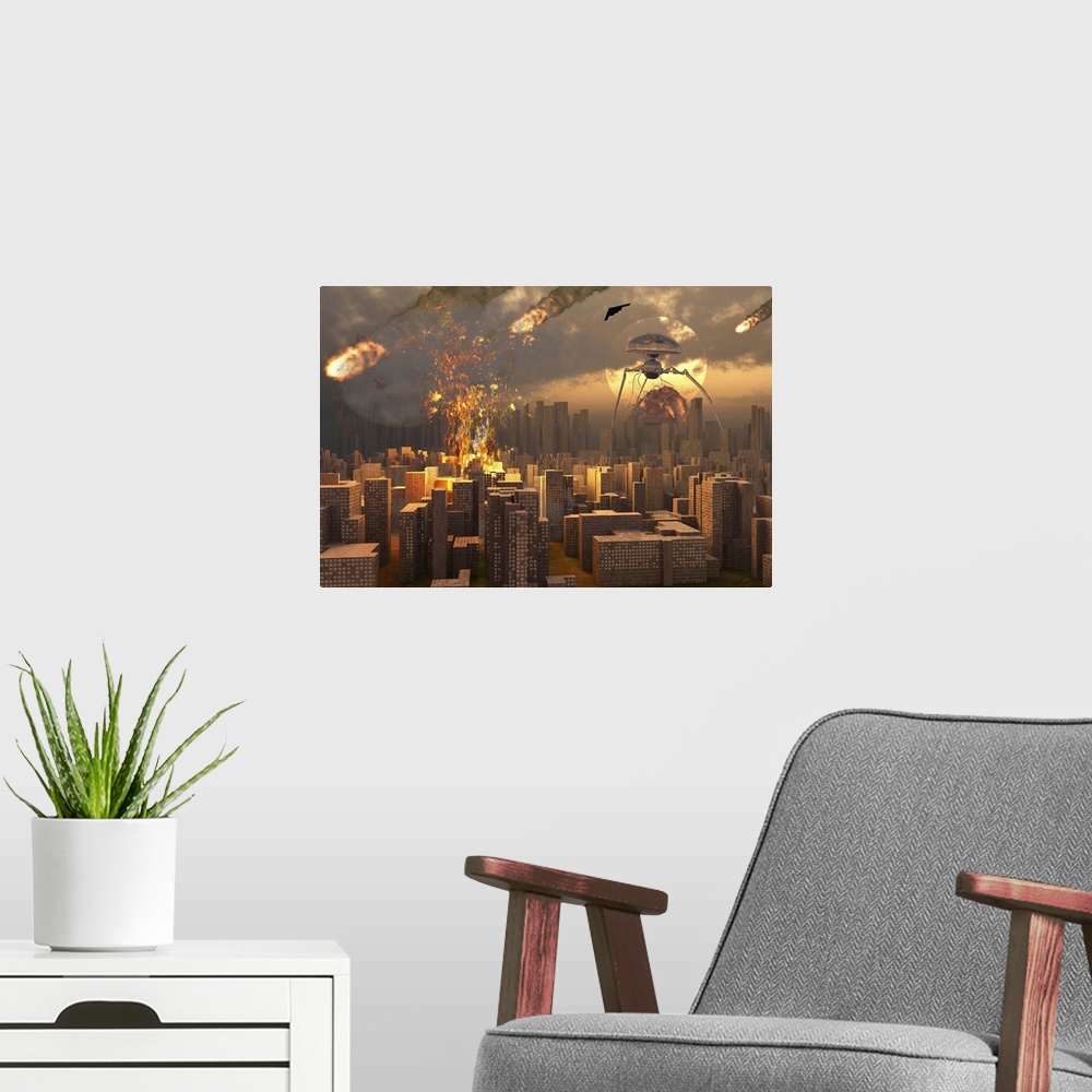 A modern room featuring A 3D conceptual image based on Herbert George Wells classic novel, The War Of The Worlds.
