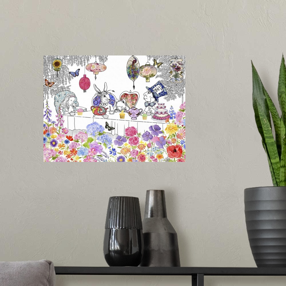 A modern room featuring Illustration of Alice at the Mad Hatter's tea party, with colorful flowers and butterflies.