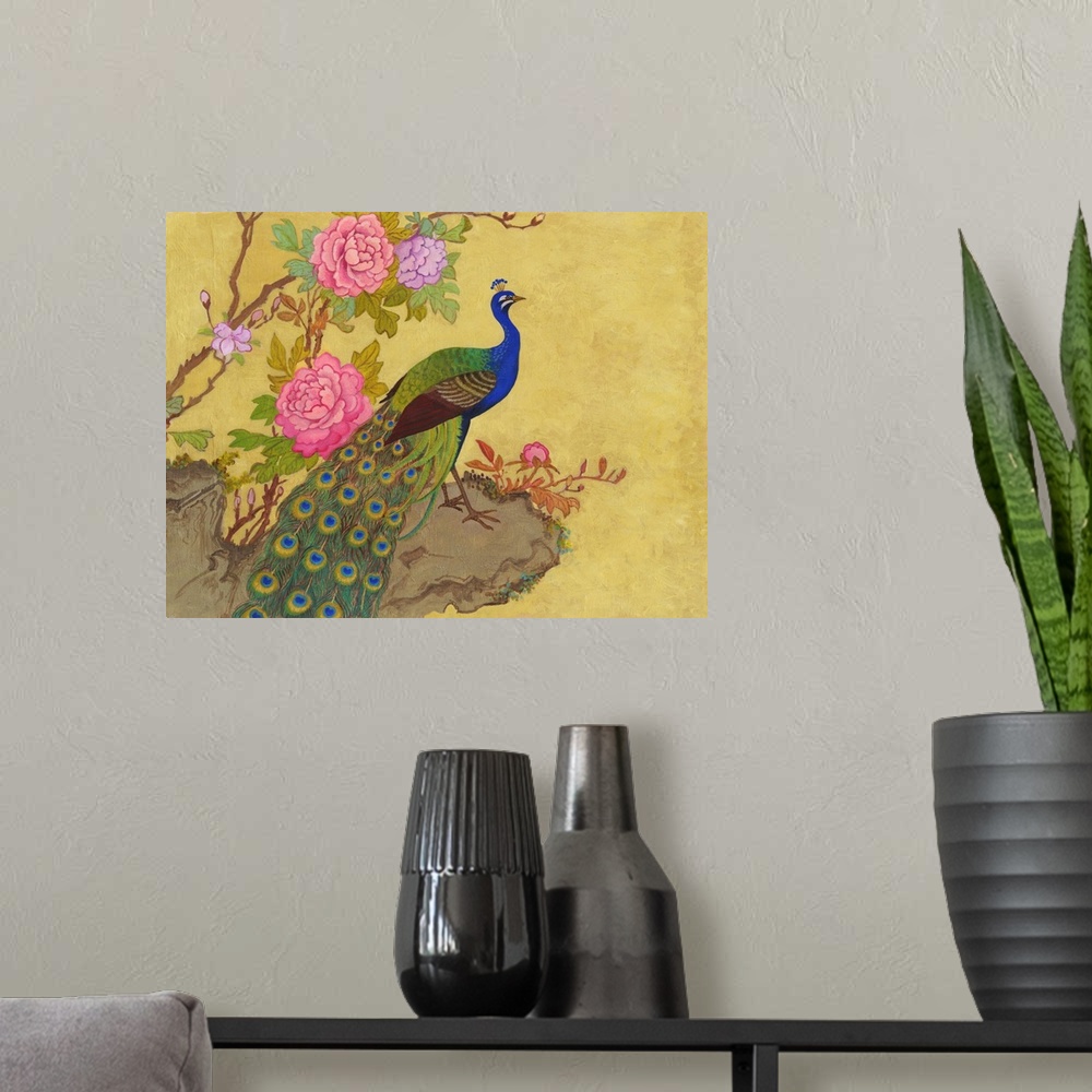 A modern room featuring Chinese style painting of a peacock standing on a ledge with pink peonies.