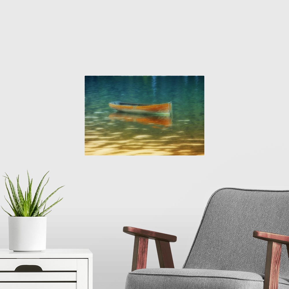 A modern room featuring A bright orange boat floating on golden water.