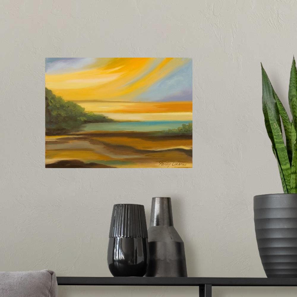 A modern room featuring Contemporary landscape artwork of a field at sunset.