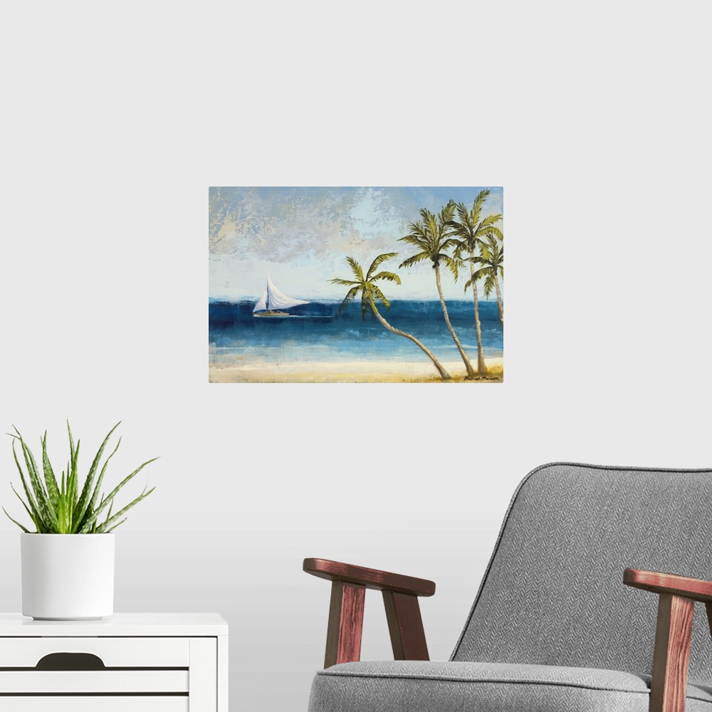 A modern room featuring Painting on canvas of palm trees on a beach with a sailboat sailing in the ocean.