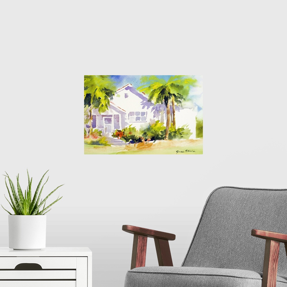 A modern room featuring Painting of a white beach house with verdant palm trees.