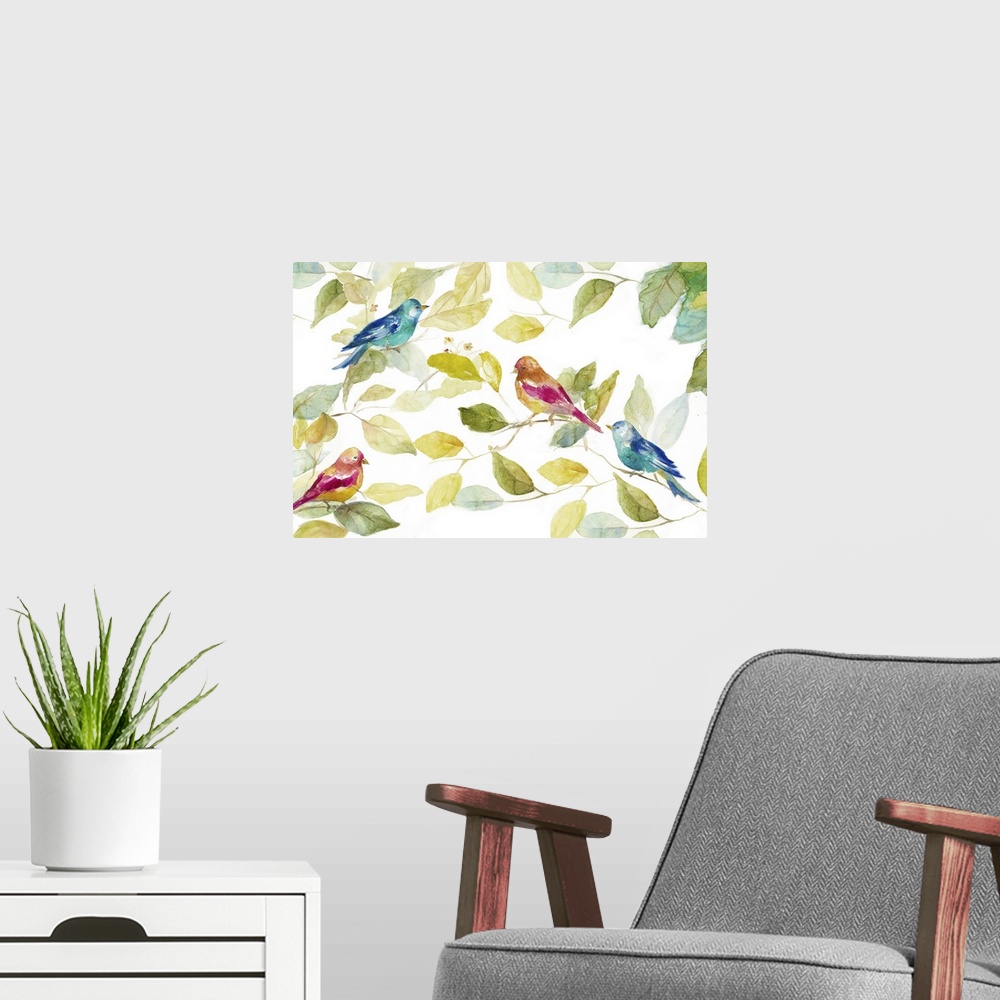 A modern room featuring Contemporary watercolor painting of four birds perched on branches inside a tree and surrounded w...