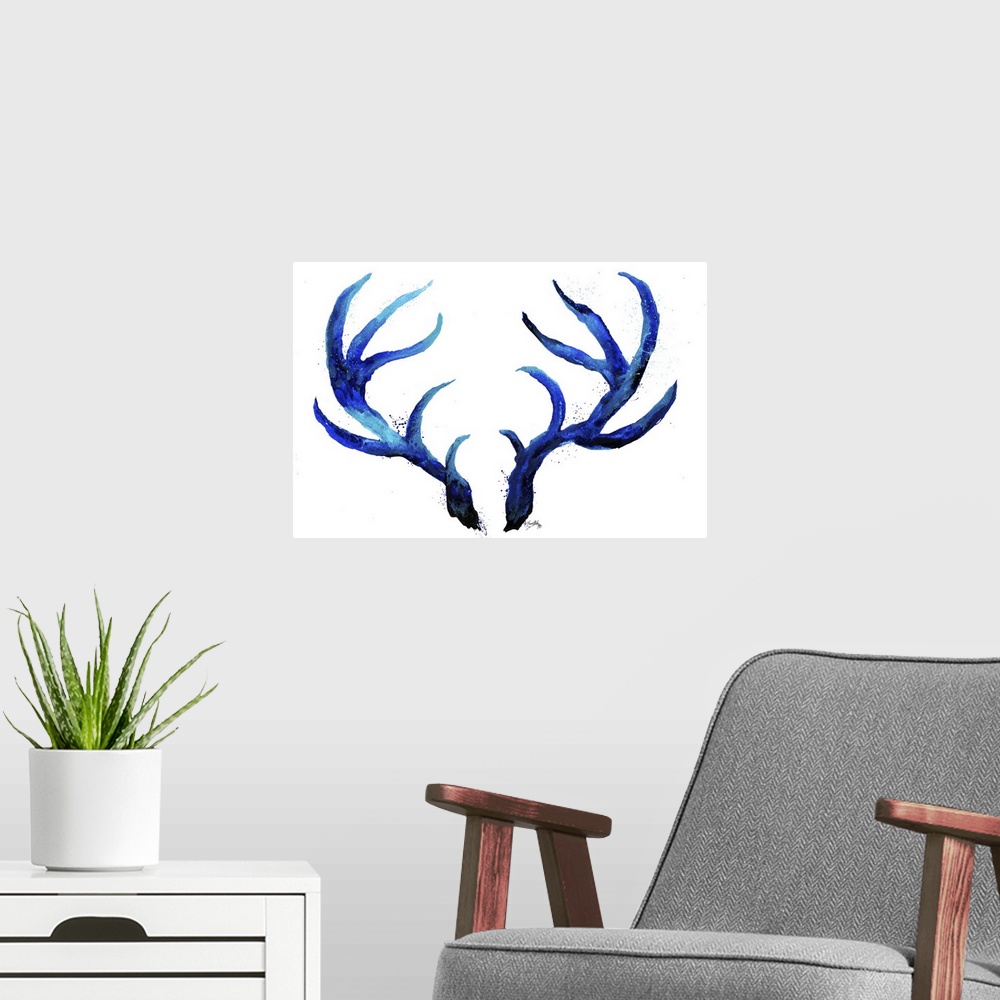 A modern room featuring Watercolor painting of a set of blue antlers with light paint splatter around on a white background.