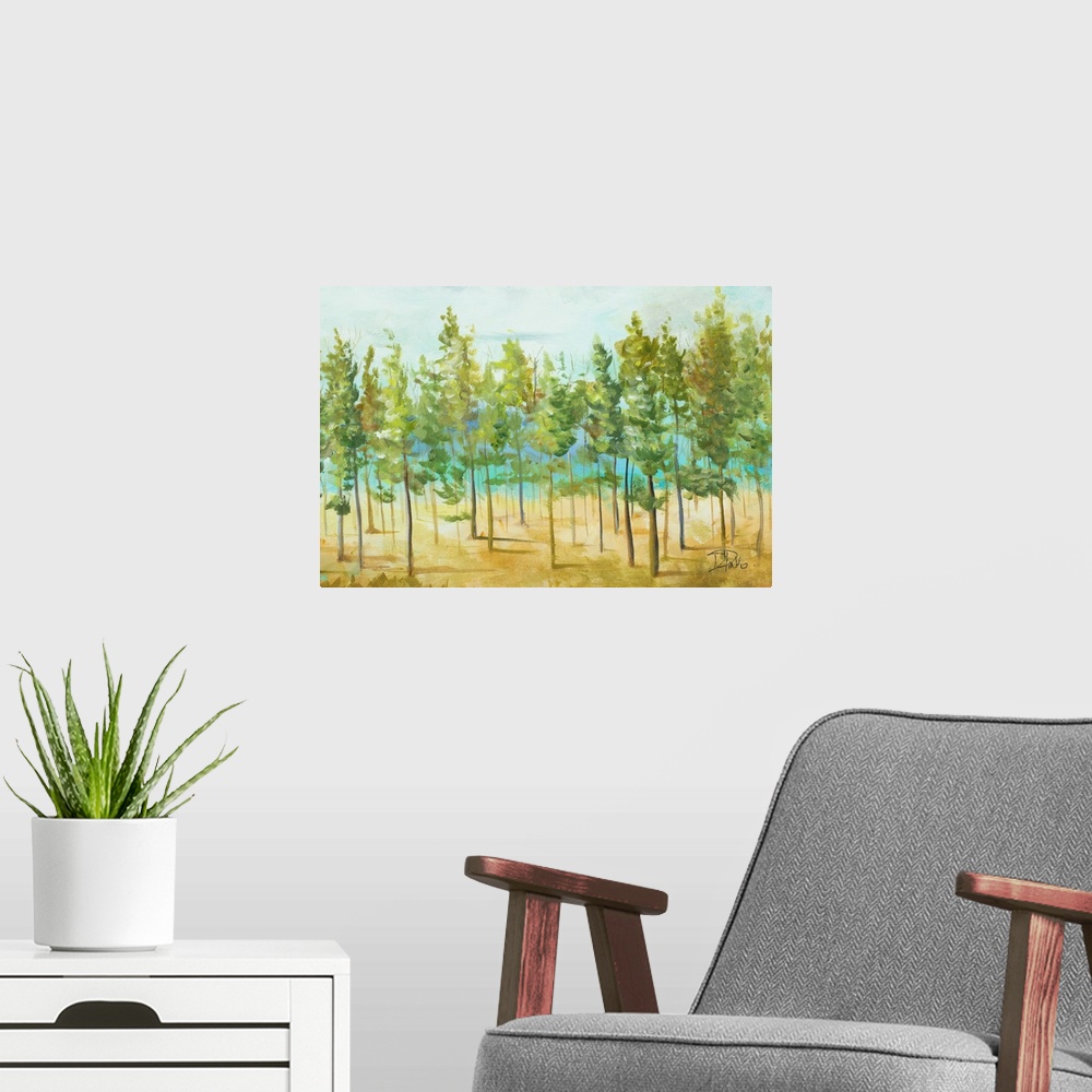 A modern room featuring Contemporary painting of a row of thin trees with bright green leaves.