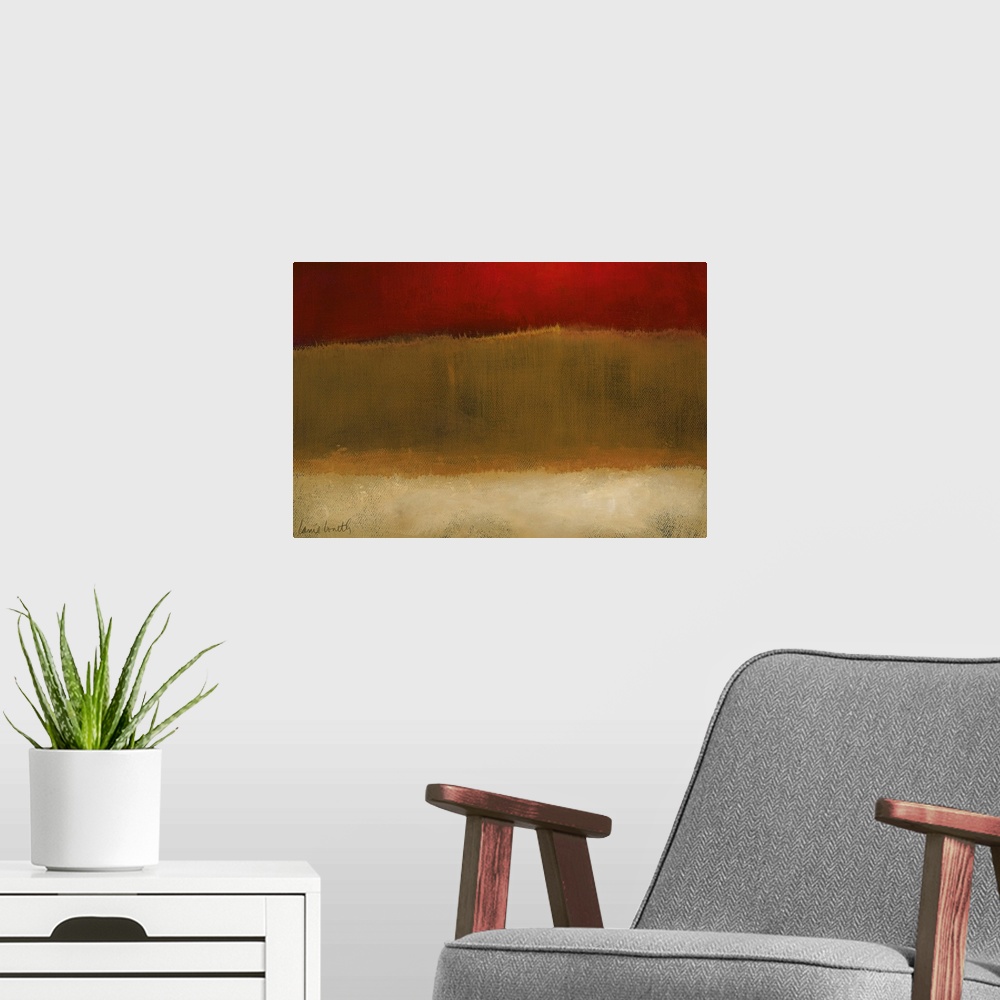 A modern room featuring Big abstract art incorporates three rectangular sections of earth toned colors with frayed edges ...