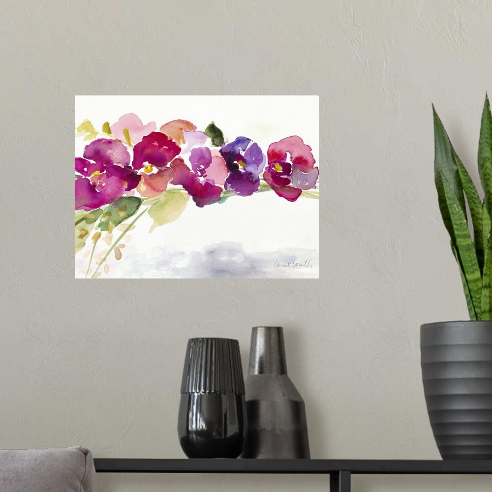 A modern room featuring Contemporary watercolor painting of pink and purple flowers with green stems and leaves.