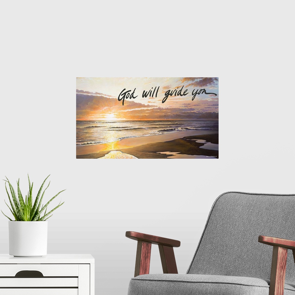 A modern room featuring Painting of a beach with the sun setting on the waves, with a religious sentiment.