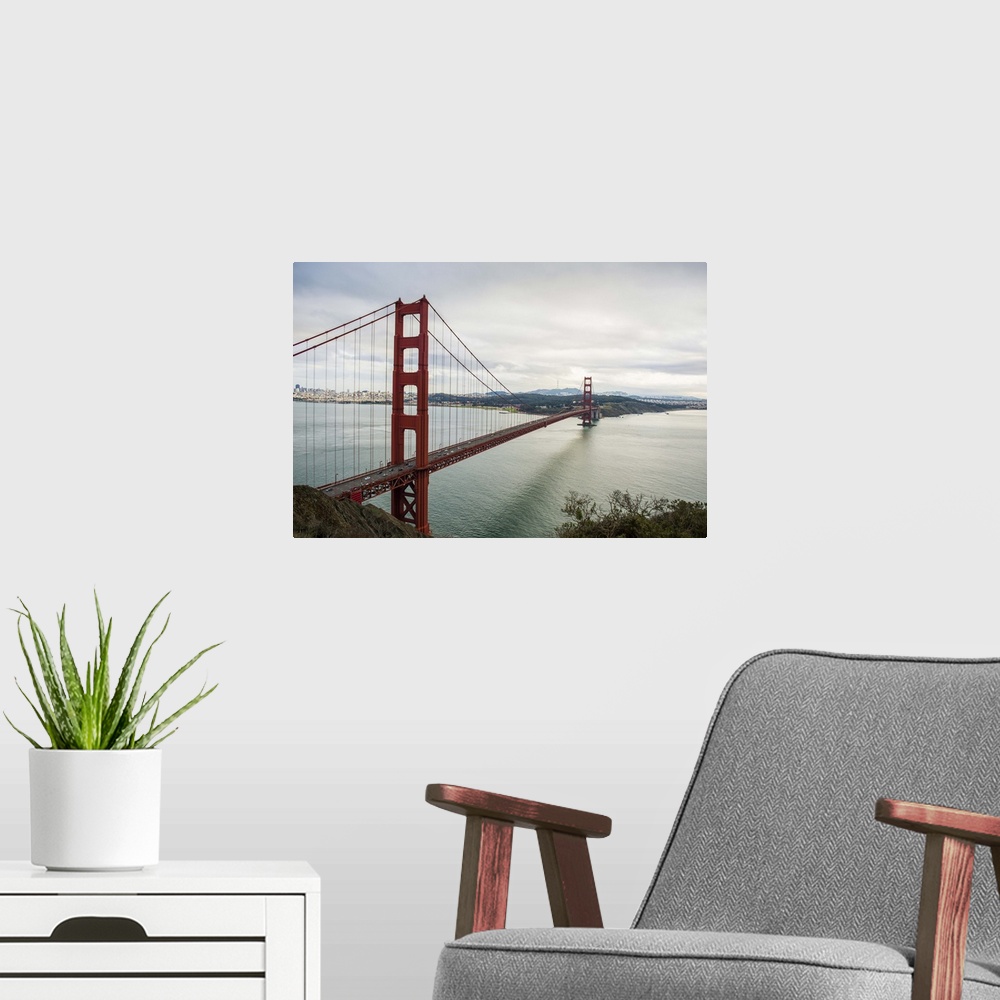 A modern room featuring View of the Golden Gate Bridge over the San Francisco Bay, California.