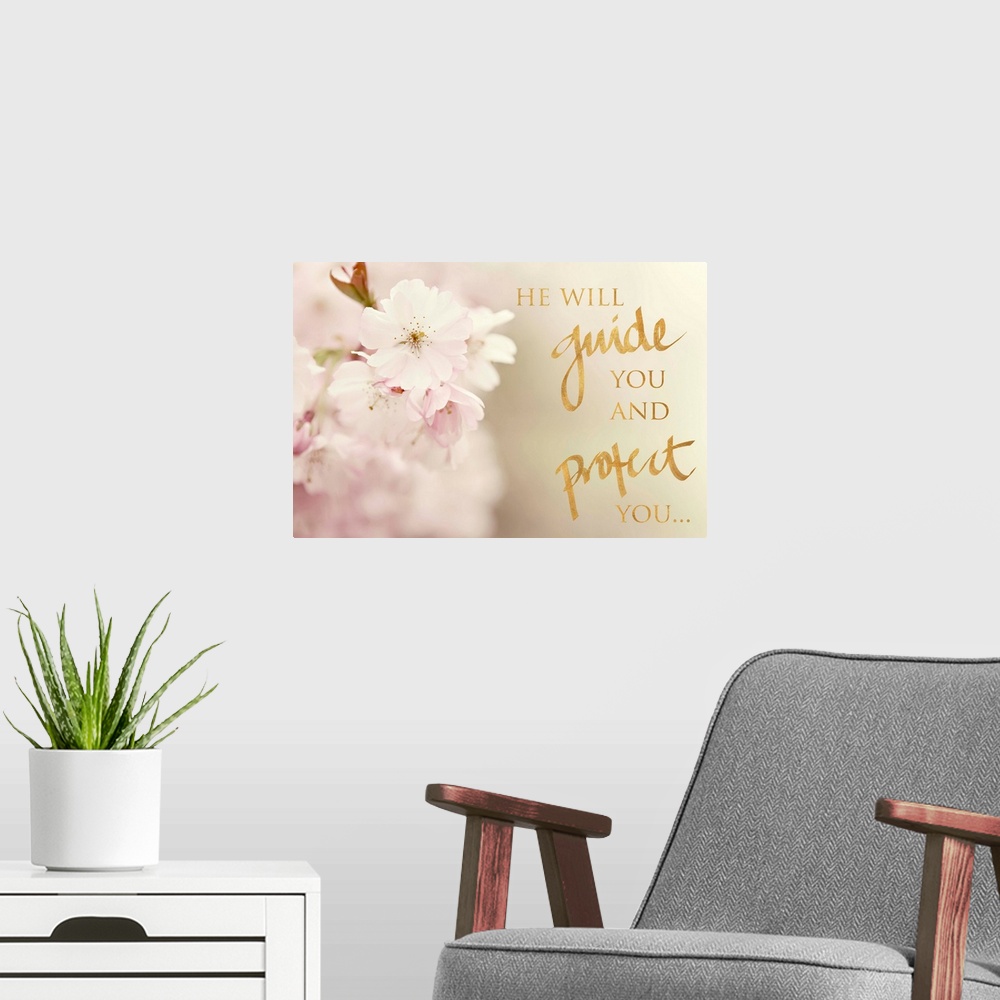 A modern room featuring Shallow depth of field photograph of white flowers with hints of pink and the phrase "He will gui...