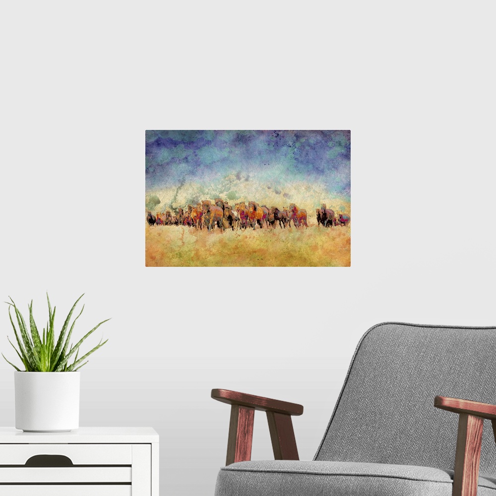 A modern room featuring Abstract painting of a herd of colorful horses on a watercolor yellow-orange and blue-purple back...