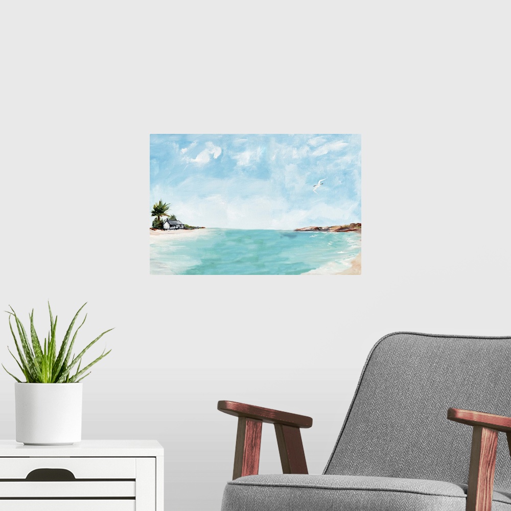 A modern room featuring Contemporary painting of an island with a house right on the shore next to the crystal blue ocean...