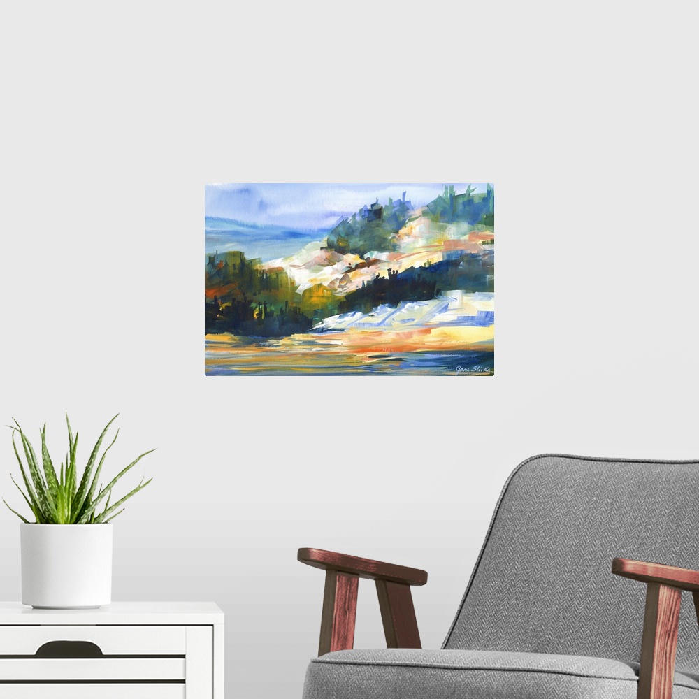 A modern room featuring Colorful landscape painting of a mountainous coastline.