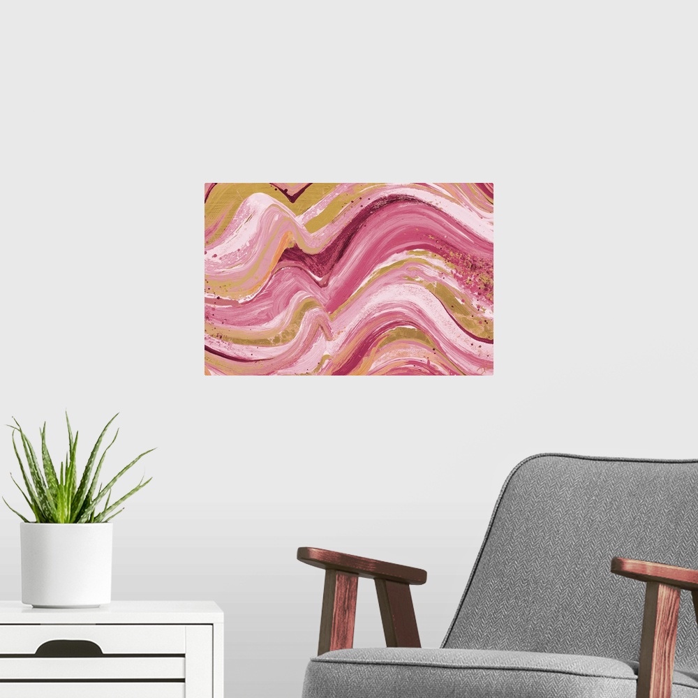 A modern room featuring Contemporary abstract painting with wavy lines piled on top of each other in shades of pink with ...