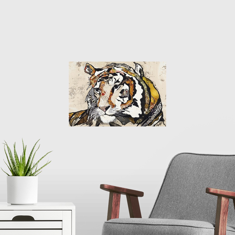 A modern room featuring Painting of a majestic tiger with patterned elements in his stripes.
