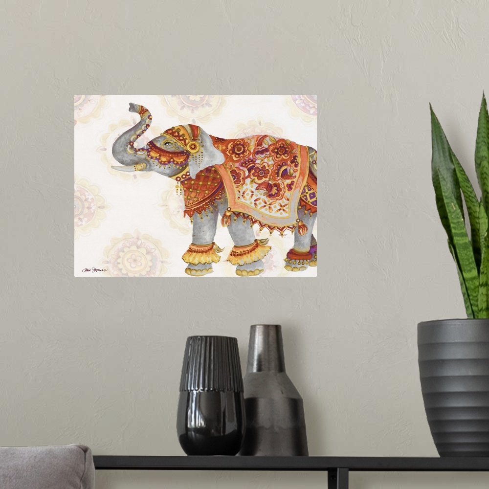 A modern room featuring Illustration of an elephant with its trunk raised, wearing colorful decorative fabrics.