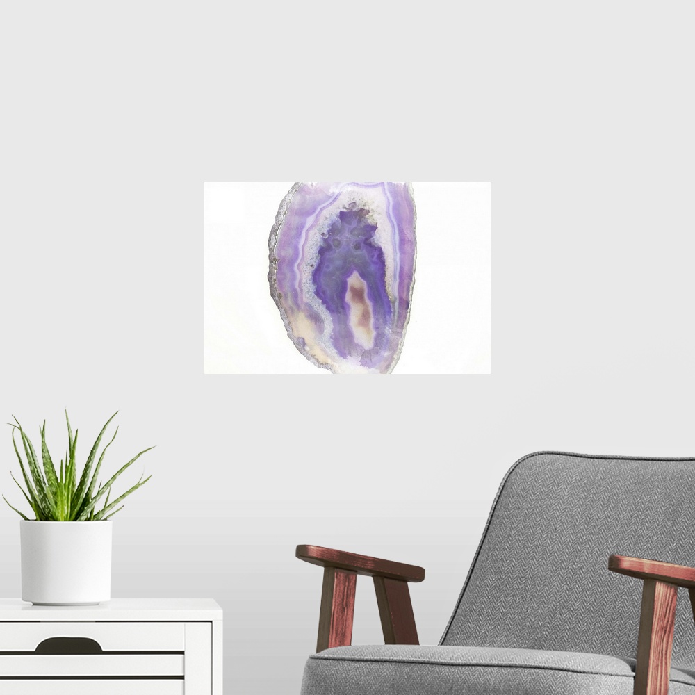 A modern room featuring Watercolor painting of a purple polished agate stone.