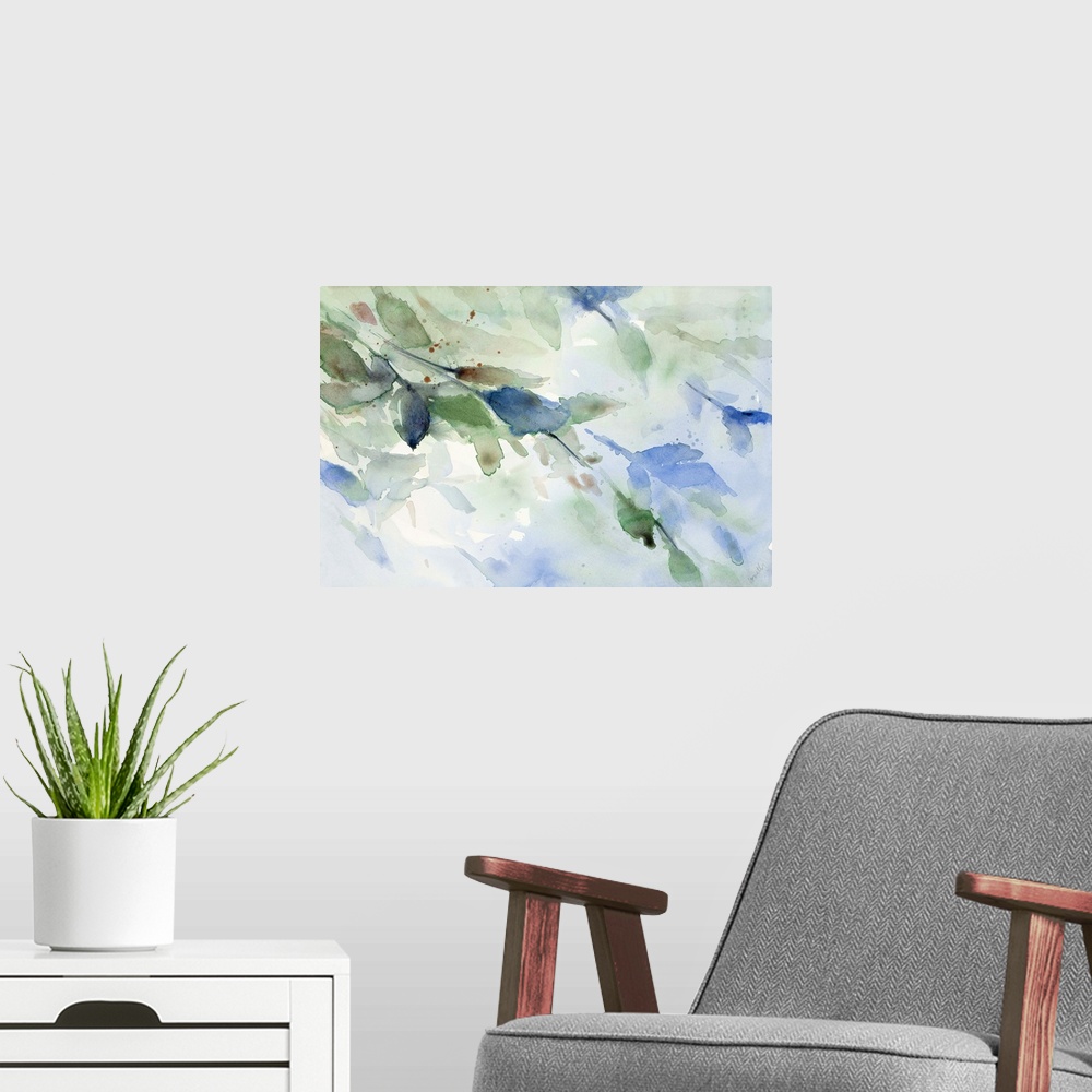 A modern room featuring Watercolor painting of branches with soft leaves in blue and green tones.