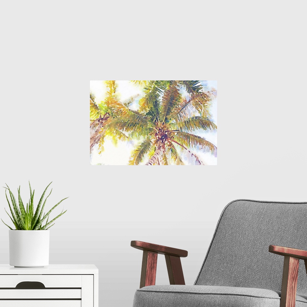 A modern room featuring Watercolor painting of tropical palm trees seen from below.