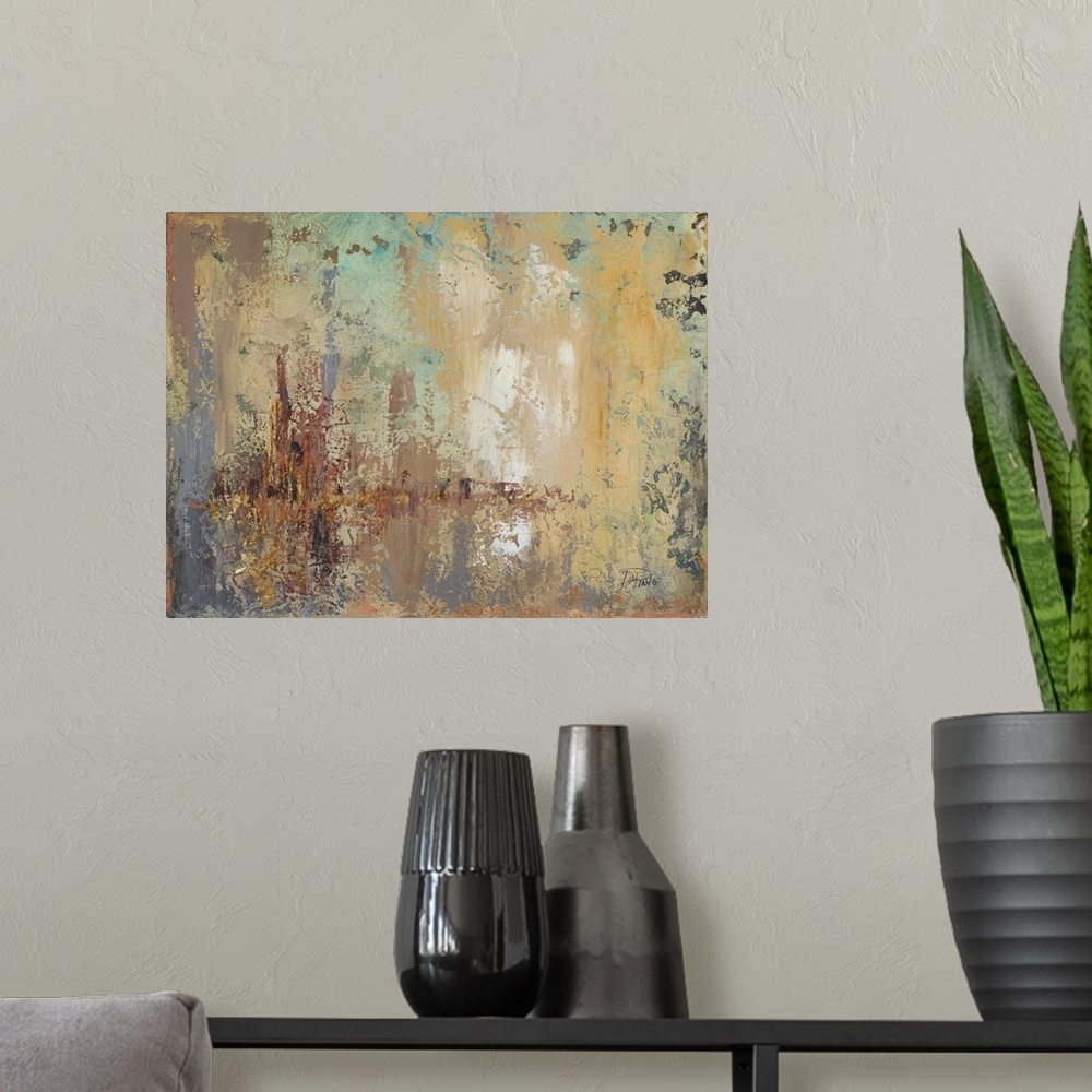A modern room featuring A horizontal abstract painting with heavy textures and clusters of color.