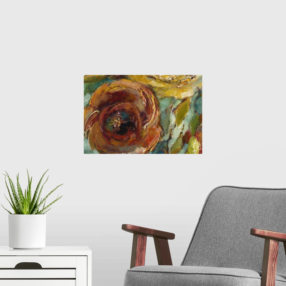 A modern room featuring Contemporary artwork of round flowers in rich tones.