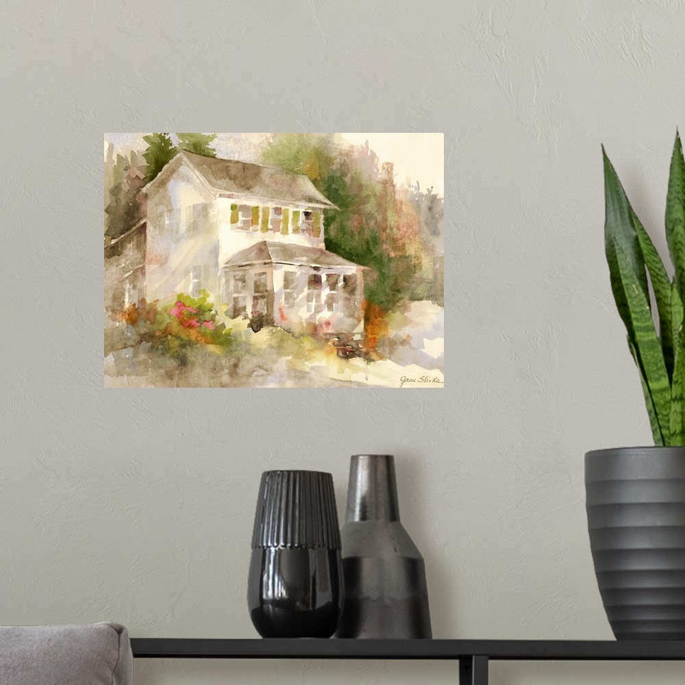 A modern room featuring Contemporary watercolor painting of a countryside cottage.