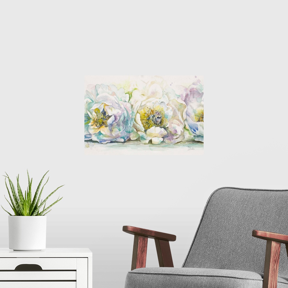 A modern room featuring Colorful watercolor painting of three peonies with a white background.
