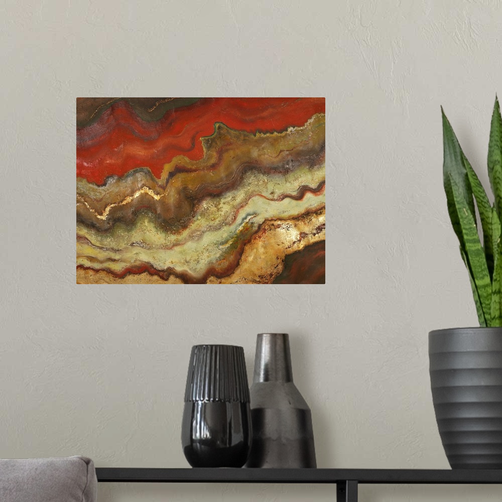 A modern room featuring Mixed media contemporary artwork of abstract waves of rusty, rocky colors, resembling sedimentary...