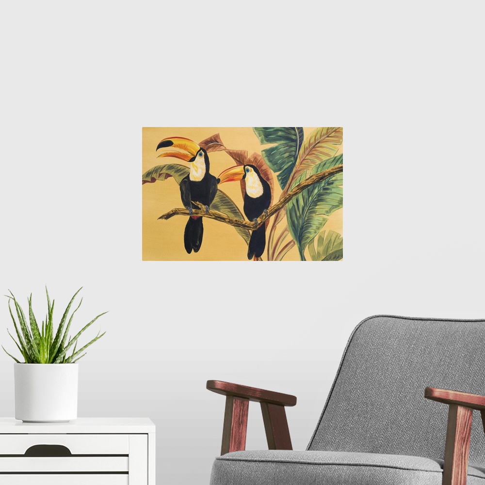 A modern room featuring Contemporary artwork of toucans perched on a branch.