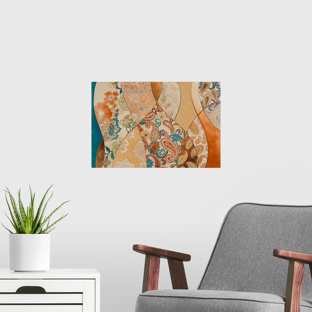 A modern room featuring Abstract artwork with blue and orange toned paisley patterns.