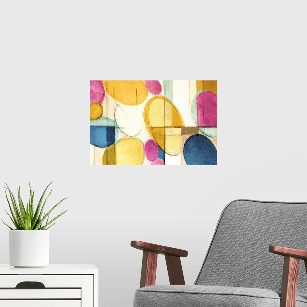 A modern room featuring Abstract painting in colorful circular shapes and intersecting lines.