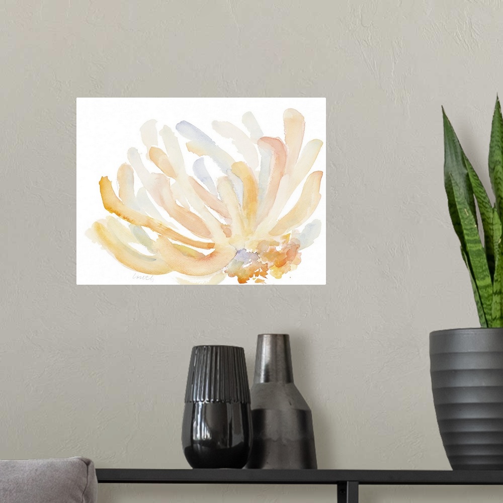 A modern room featuring Watercolor pastel painting of tropical coral.