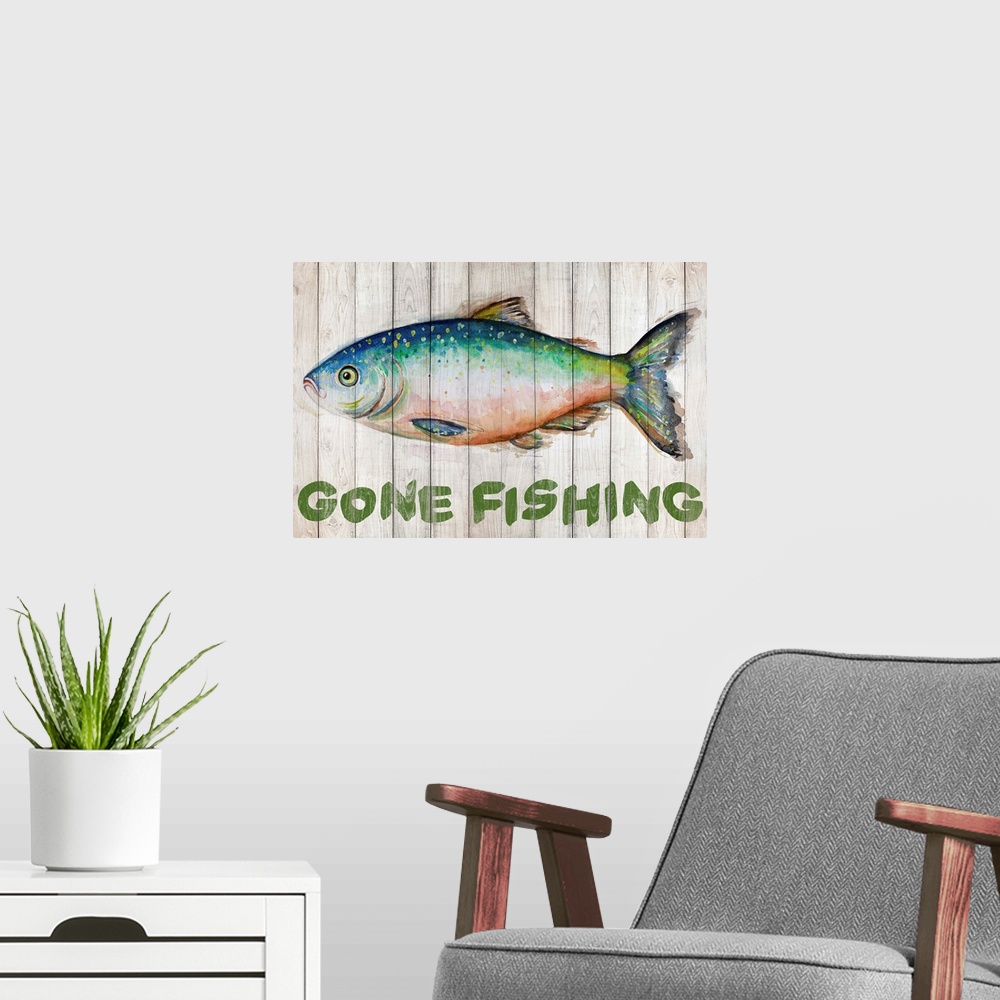A modern room featuring Painting of a fish on wooden boards with "Gone Fishing" written underneath.