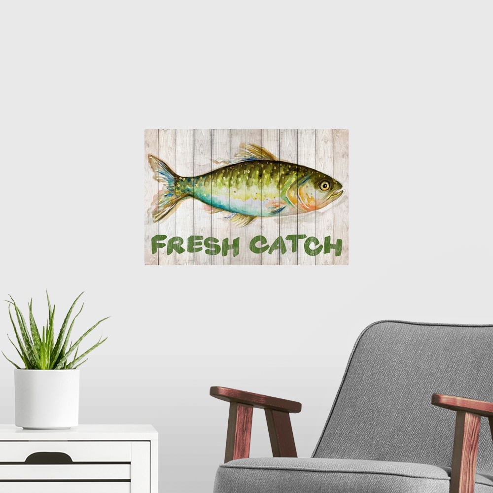 A modern room featuring Painting of a fish on wooden boards with "Fresh Catch" written underneath.