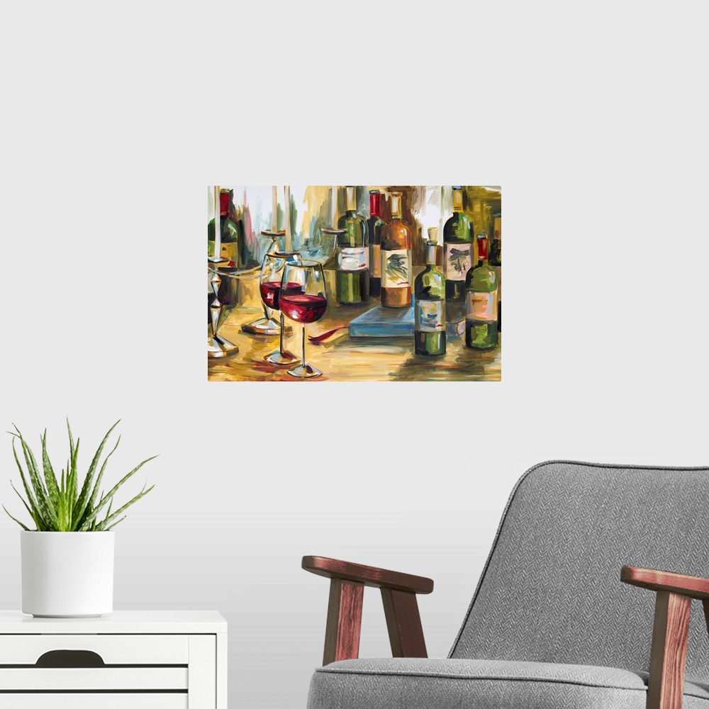 A modern room featuring Contemporary painting of a group of wine bottles and glasses on a table, along with books and can...