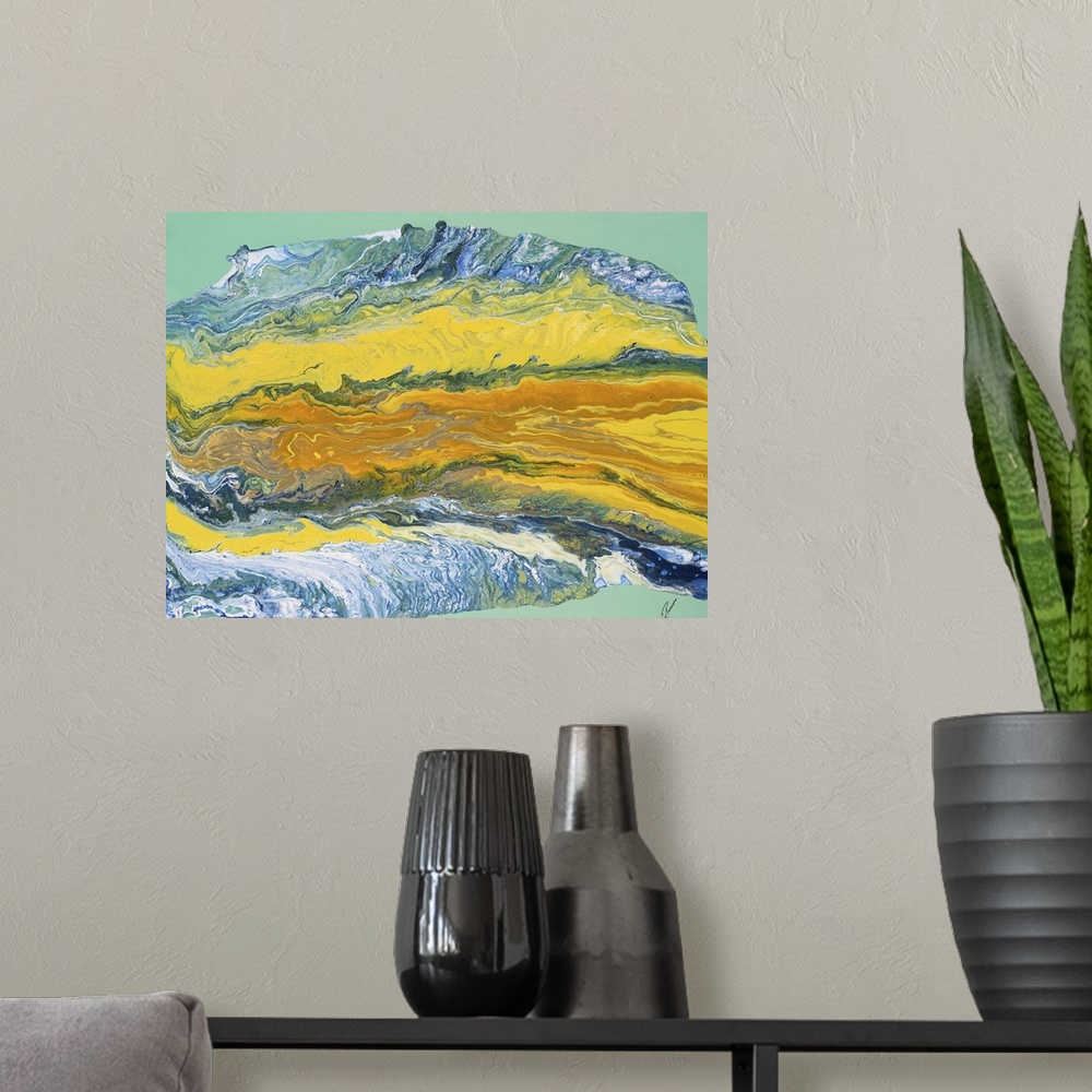 A modern room featuring Abstract contemporary artwork with layers of blue and yellow.