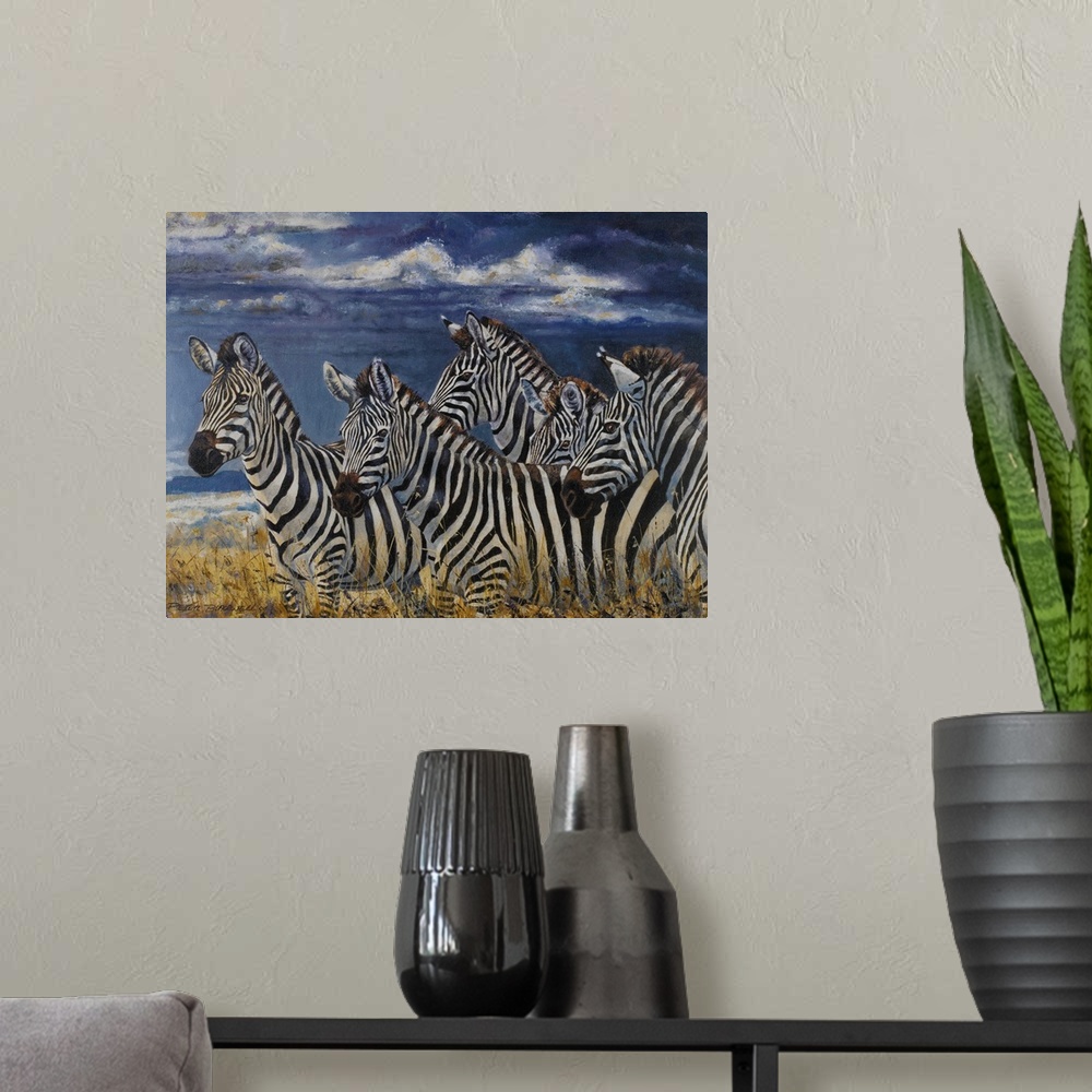 A modern room featuring Contemporary wildlife painting of a group of zebras on the Serengeti.