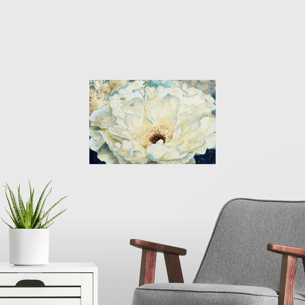 A modern room featuring Contemporary artwork of a fluffy white peony flower with speckling textures throughout.