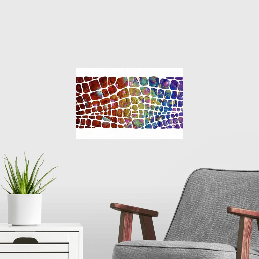 A modern room featuring Abstract painting with a multicolored scale pattern on a white background.
