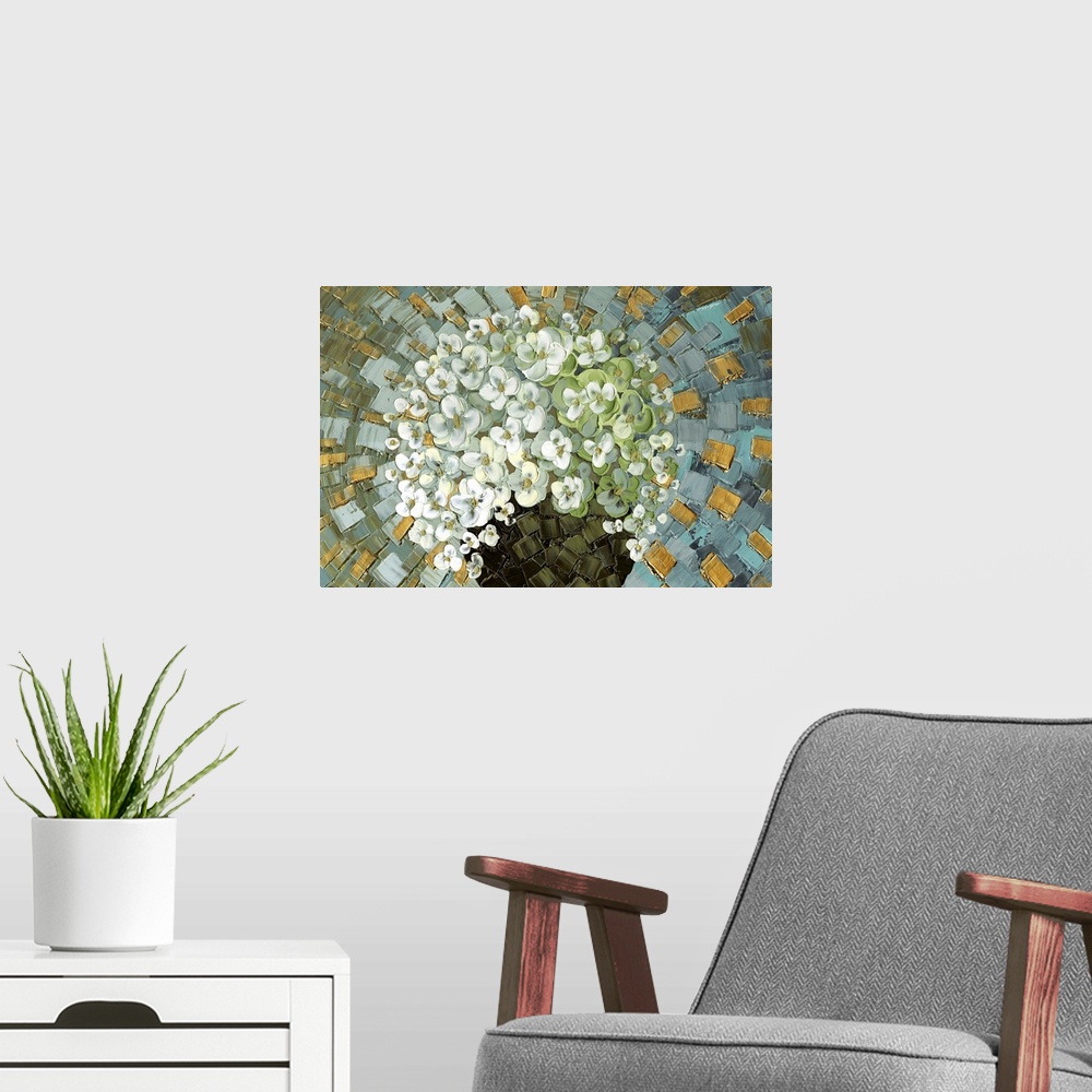 A modern room featuring Contemporary painting of white and green flowers in a vase on a winding blue, green, and gold bac...