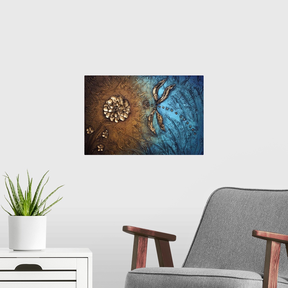 A modern room featuring Contemporary abstract painting in blue and copper with a dragonfly flying towards a flower.