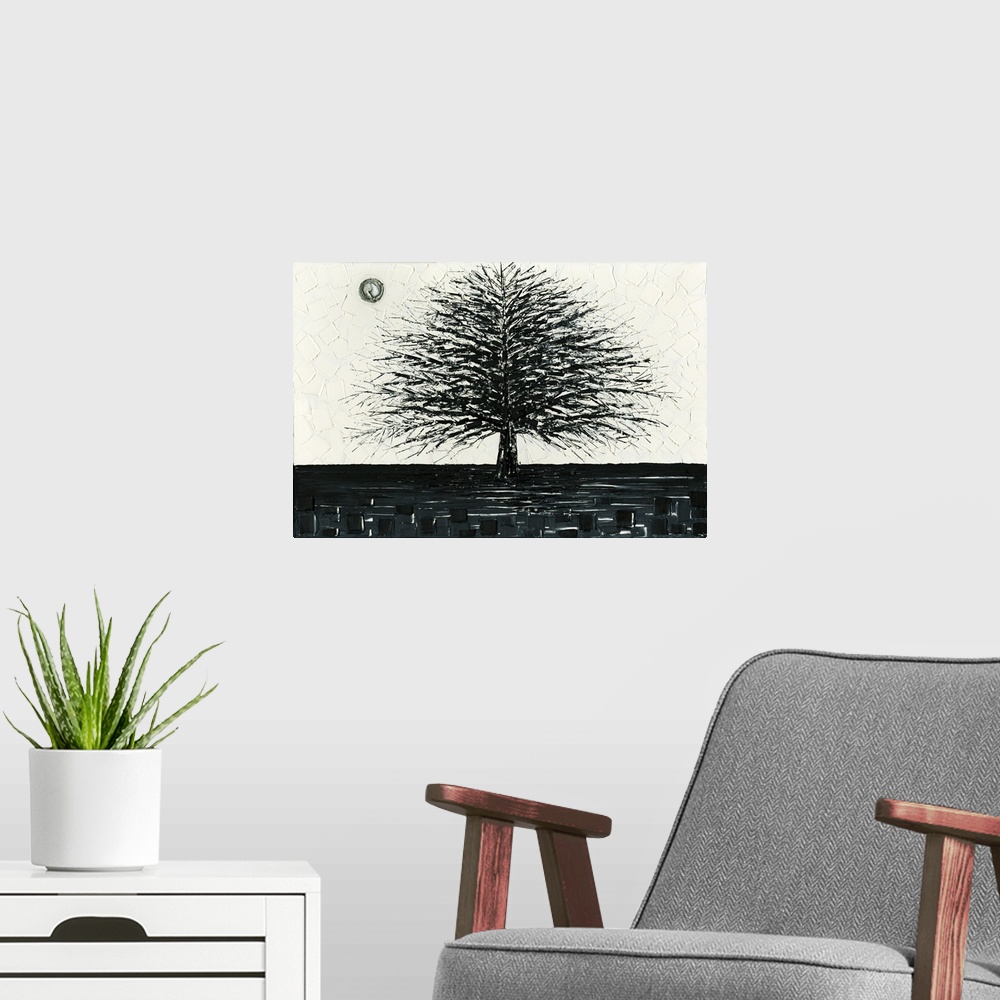 A modern room featuring Black and white tree landscape with layers of squares in the background.