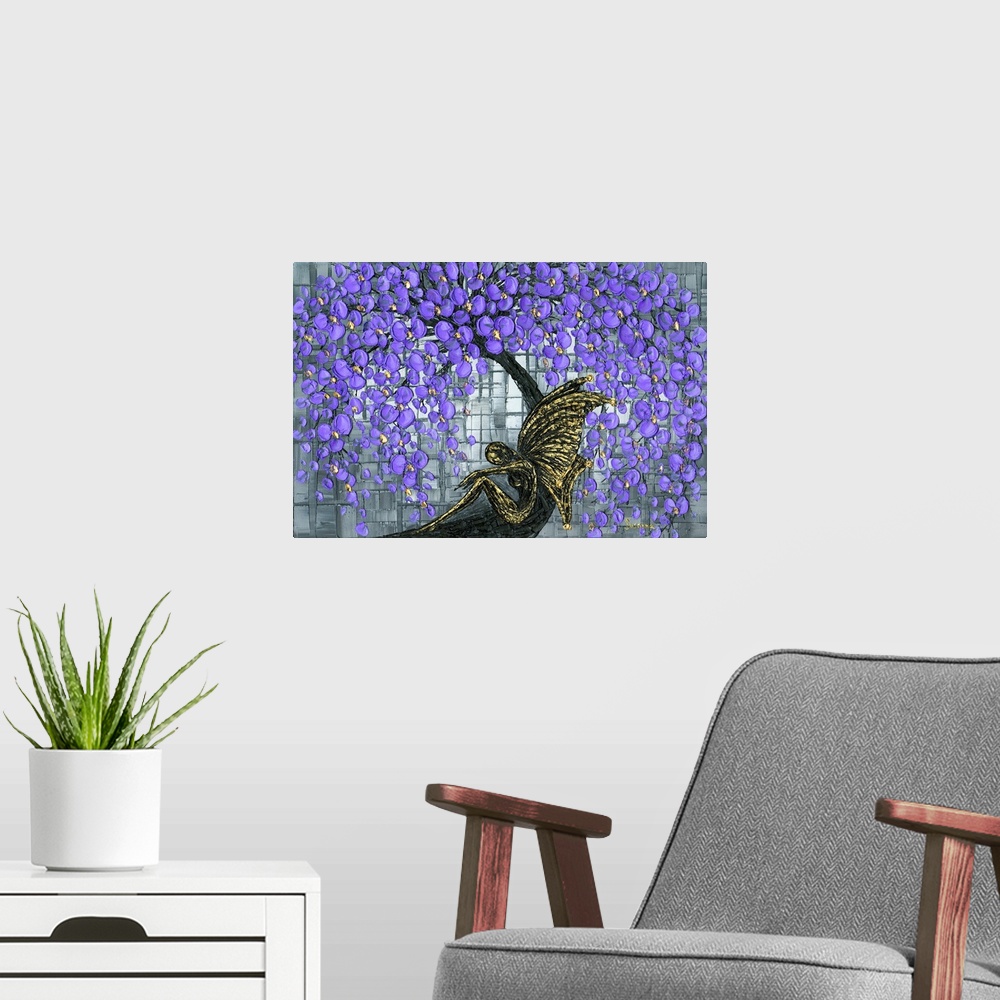 A modern room featuring Black and gold forest warrior dark fairy resting under a magic purple cherry blossom tree with a ...
