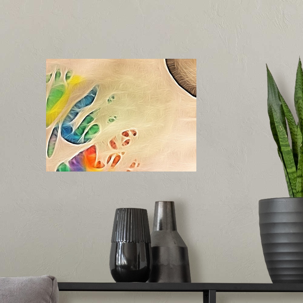A modern room featuring Large abstract digital illustration with all of the colors of the rainbow in shapes on a neutral ...