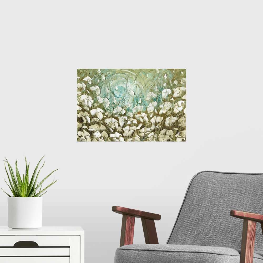 A modern room featuring Large abstract painting with white flowers on a green and blue background.