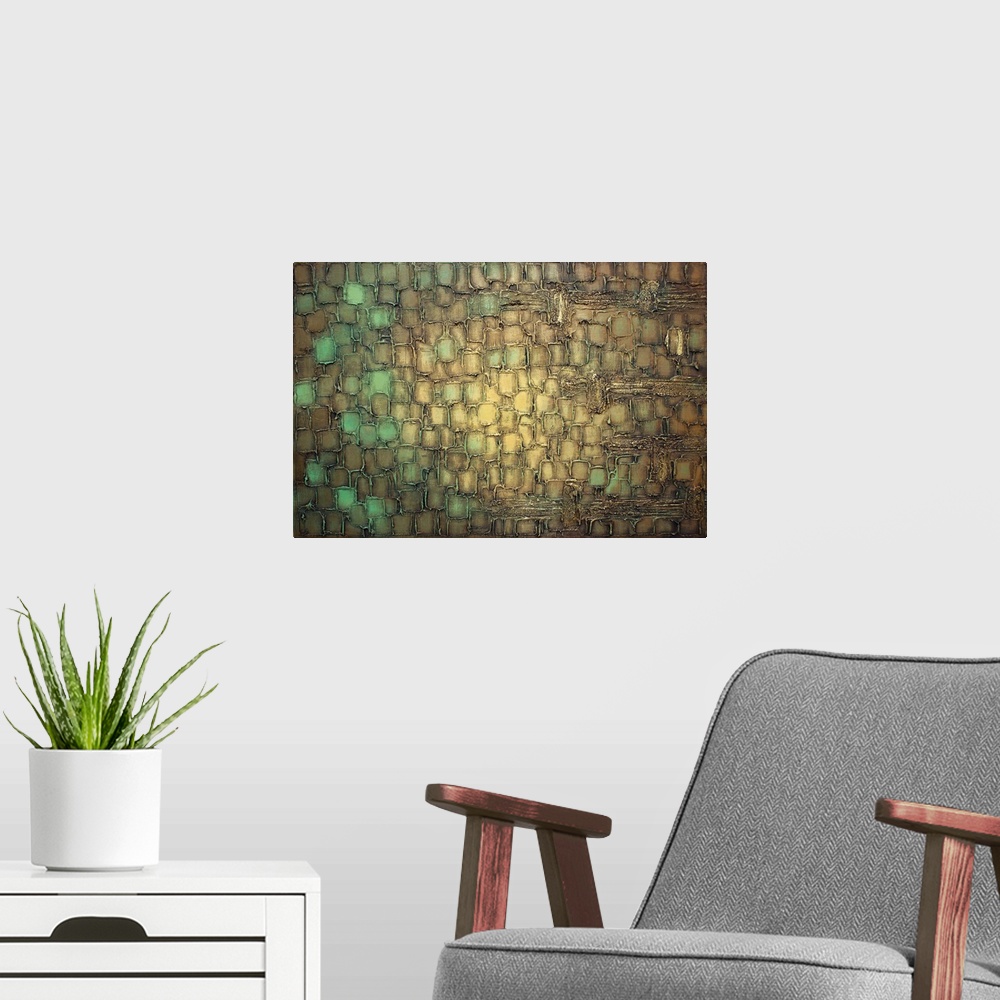 A modern room featuring Abstract painting with green, brown, gold, and yellow squared brushstrokes layered on top of each...