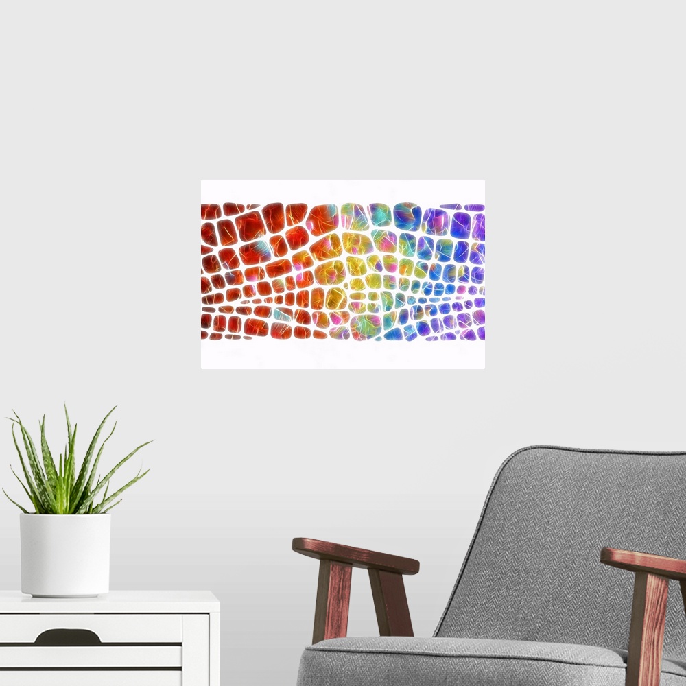 A modern room featuring Digital illustration of a rainbow scale pattern on a white background.
